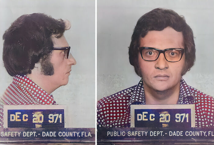 Restored vintage mugshot of a man with glasses from Dade County Safety Department dated December 20, 1971.