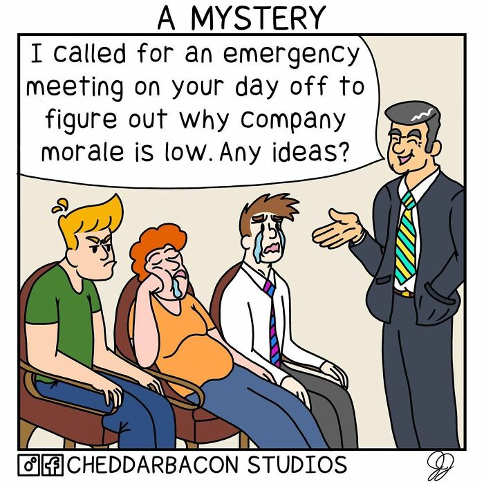 Cartoon showing a boss asking crying employees for ideas to improve company morale in a funny comic by Cheddar Bacon Studios.