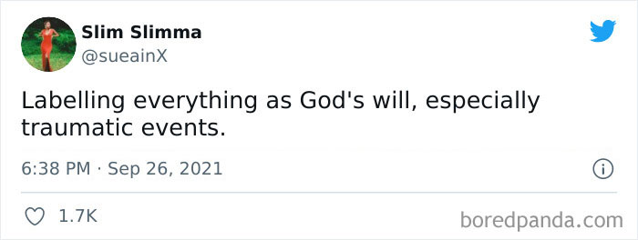 Tweet by Slim Slimma sharing an example of outdated social customs involving labeling traumatic events as God's will.