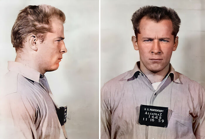 Restored vintage mugshots of a famous man from Alcatraz prison, showing front and side profile in clear detail.
