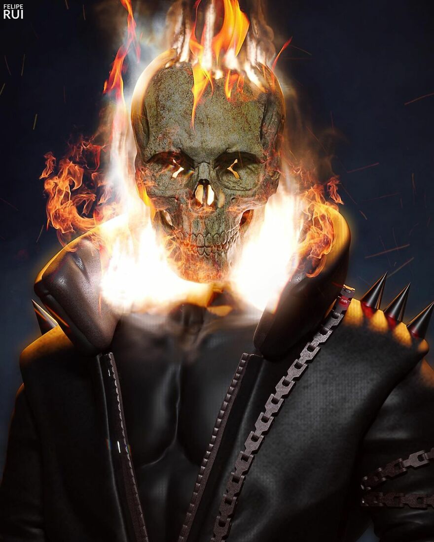 Digital artist’s terrifying version of a popular character with a flaming skull and spiked leather jacket in dark atmosphere.