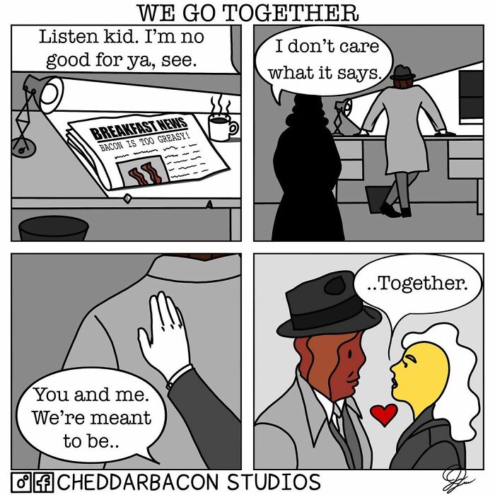 Funny comic by Cheddar Bacon Studios showing a bacon and egg character declaring their meant-to-be love together.