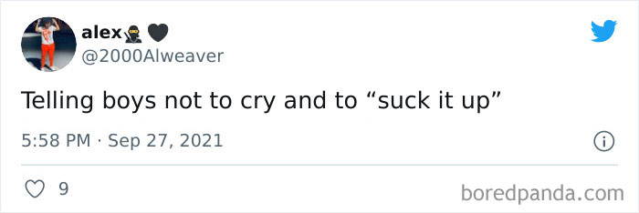 Tweet text saying telling boys not to cry and to suck it up as an example of outdated toxic social customs to retire.