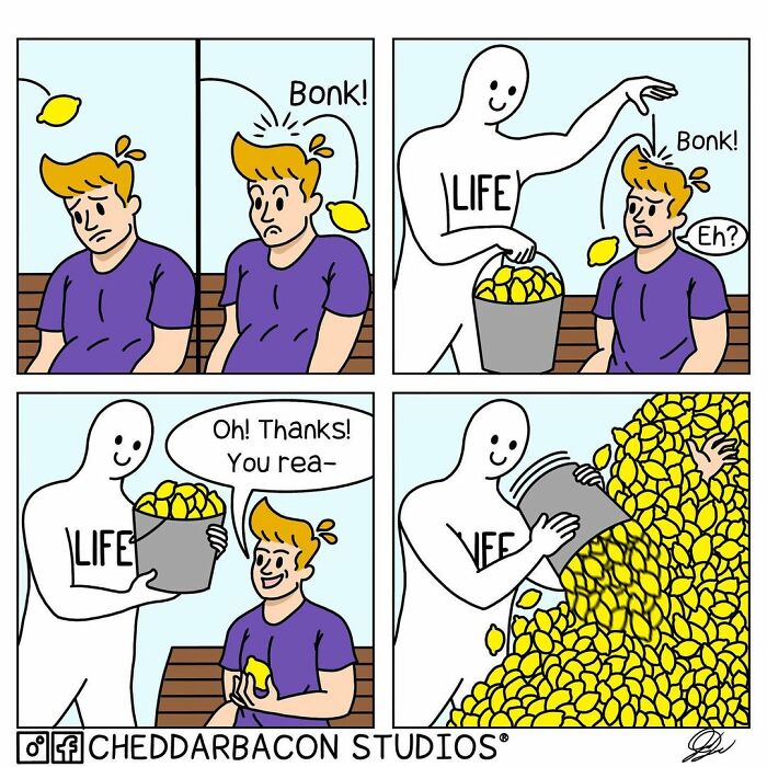 Funny comic by Cheddar Bacon Studios showing life throwing lemons and then pouring a bucket of lemons on a surprised man.