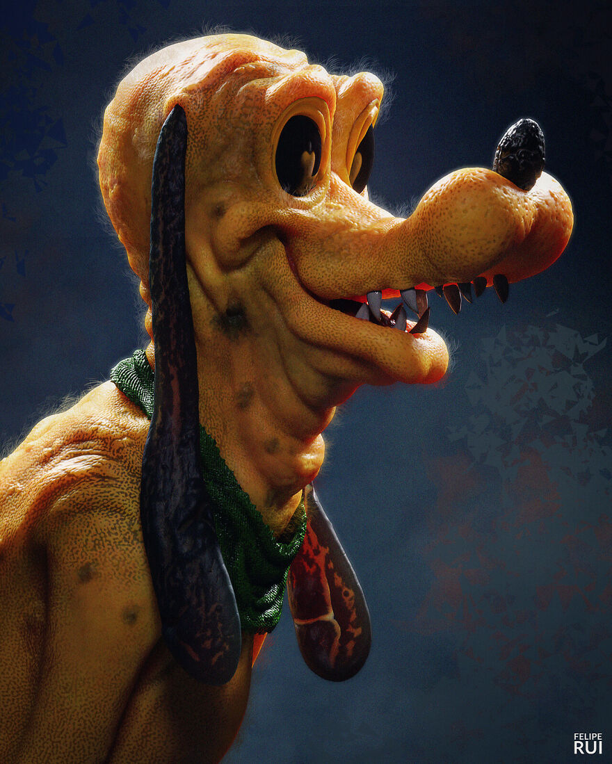 Terrifying digital artist creation of a popular cartoon dog character with sharp teeth and creepy features at night.
