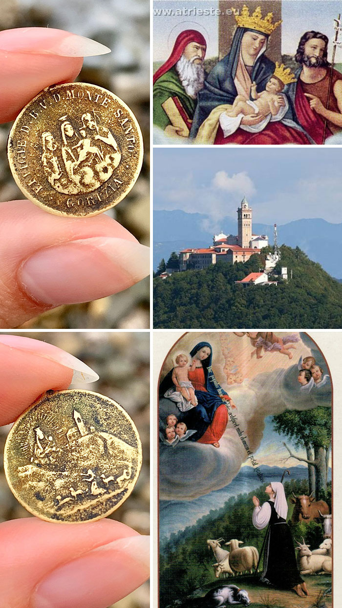 Antique coin with religious images held between fingers, a historic hilltop building, and vintage religious paintings.