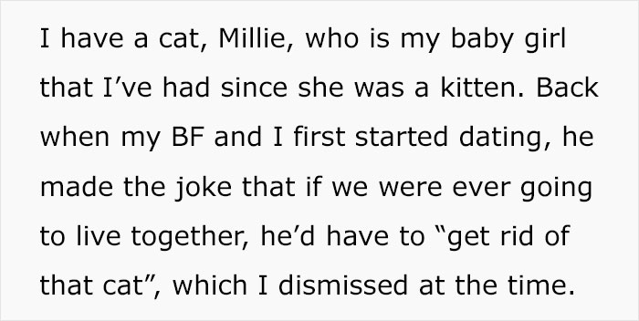 Woman Is Asking If She Was A Jerk For Kicking Her Boyfriend Out Of Her Apartment When She Overheard Him Talking Maliciously To Her Cat