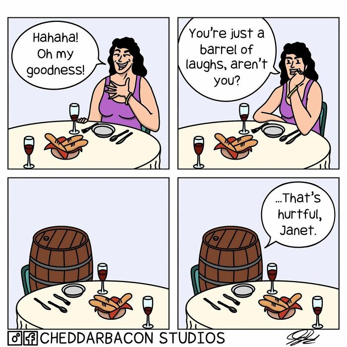 Woman laughing at dinner table turns to barrel that responds, comic strip humor from Cheddar Bacon Studios.