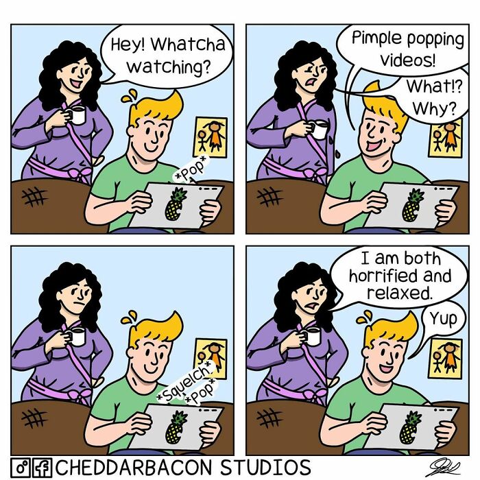 Funny comic by Cheddar Bacon Studios showing a woman and man discussing pimple popping videos on a tablet.