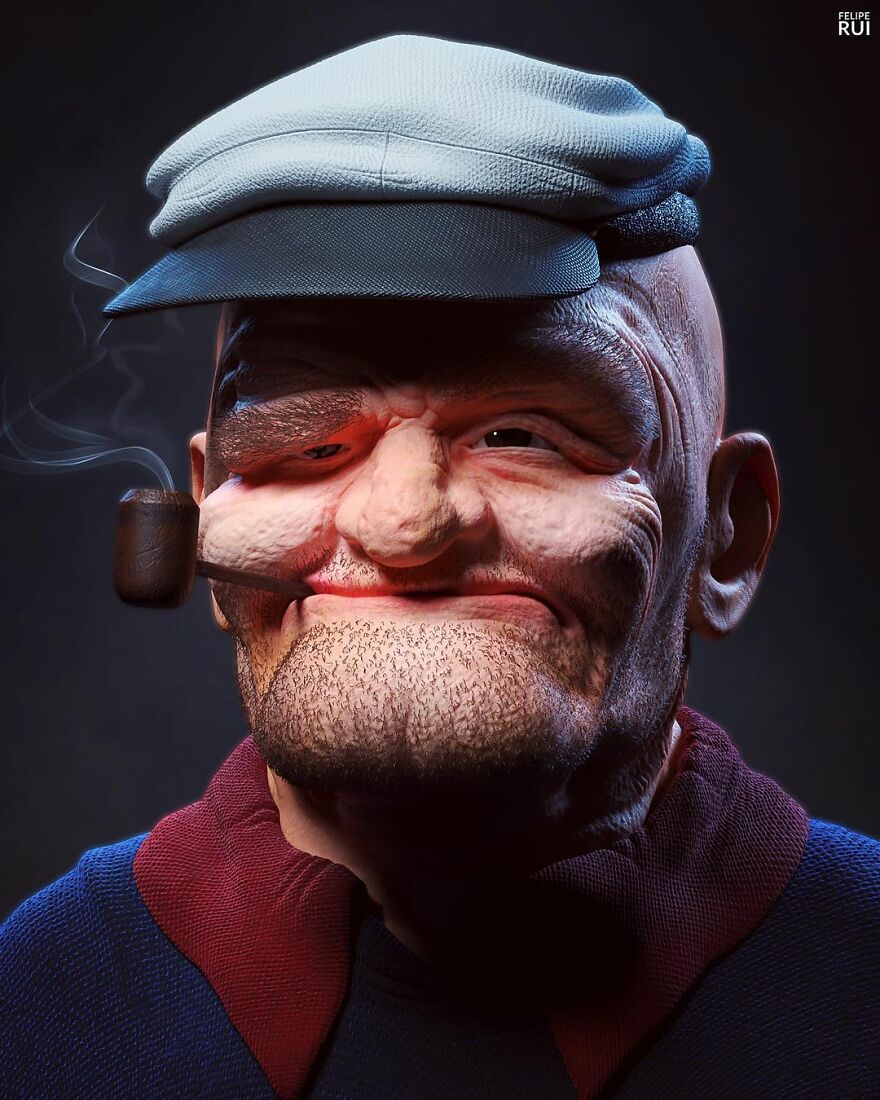 Terrifying digital artist creation of a popular character smoking a pipe with exaggerated facial features and realistic textures.