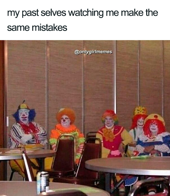 Clowns sitting in a row representing funny girl and woman meme humor.