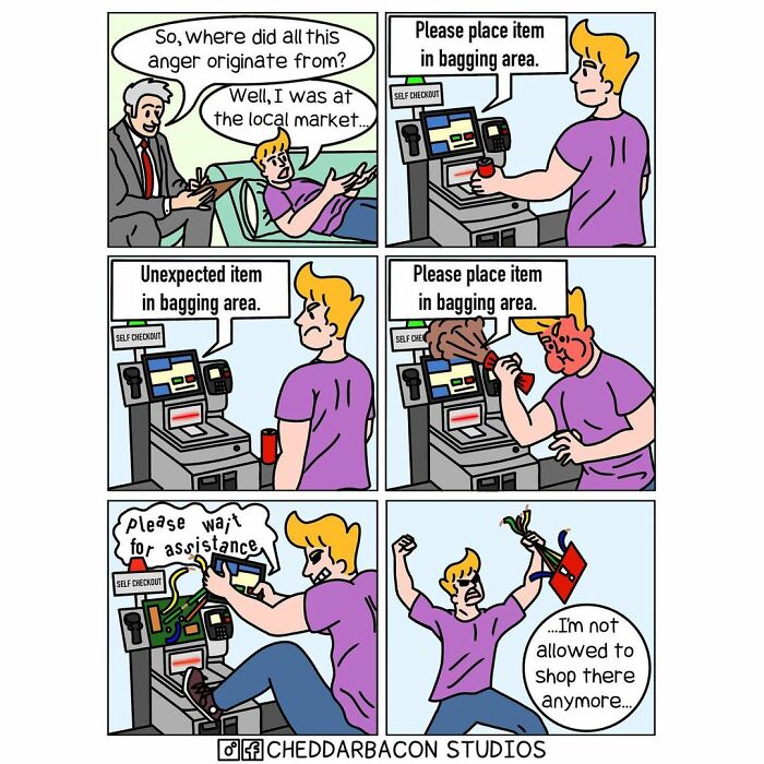 Comic strip by Cheddar Bacon Studios showing a frustrated man struggling with a self-checkout machine error.