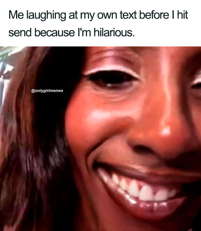 A woman smiling at a funny text meme from an Instagram page, emphasizing humor and self-amusement.