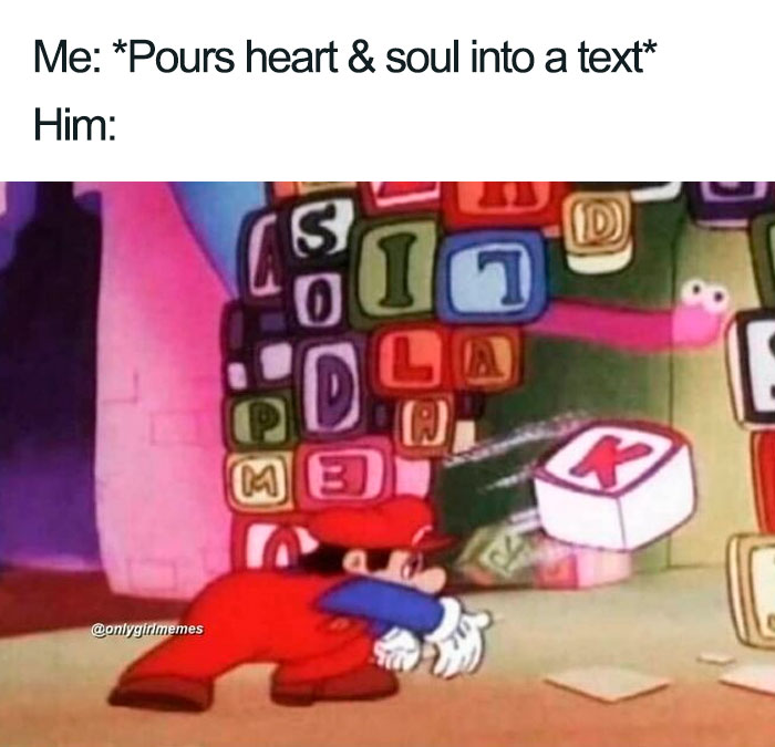 Funny girl meme showing character throwing a block with "K" on it after heartfelt text message, humorously illustrating a response.