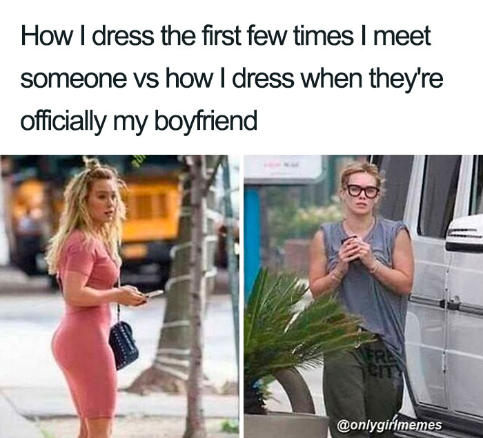 Two contrasting images of a woman depicting fashion changes from dating to being in a relationship, with a humorous twist.