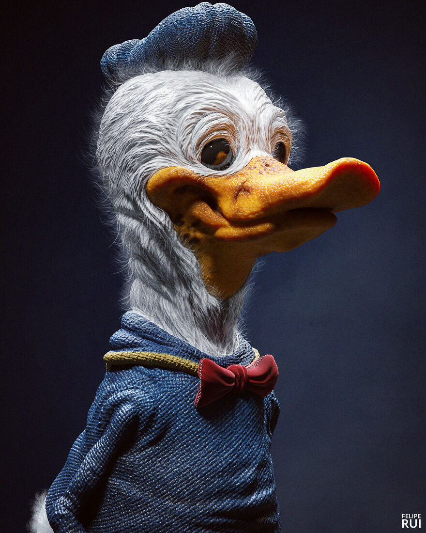 Realistic digital art of a popular duck character reimagined as a terrifying version by a digital artist.