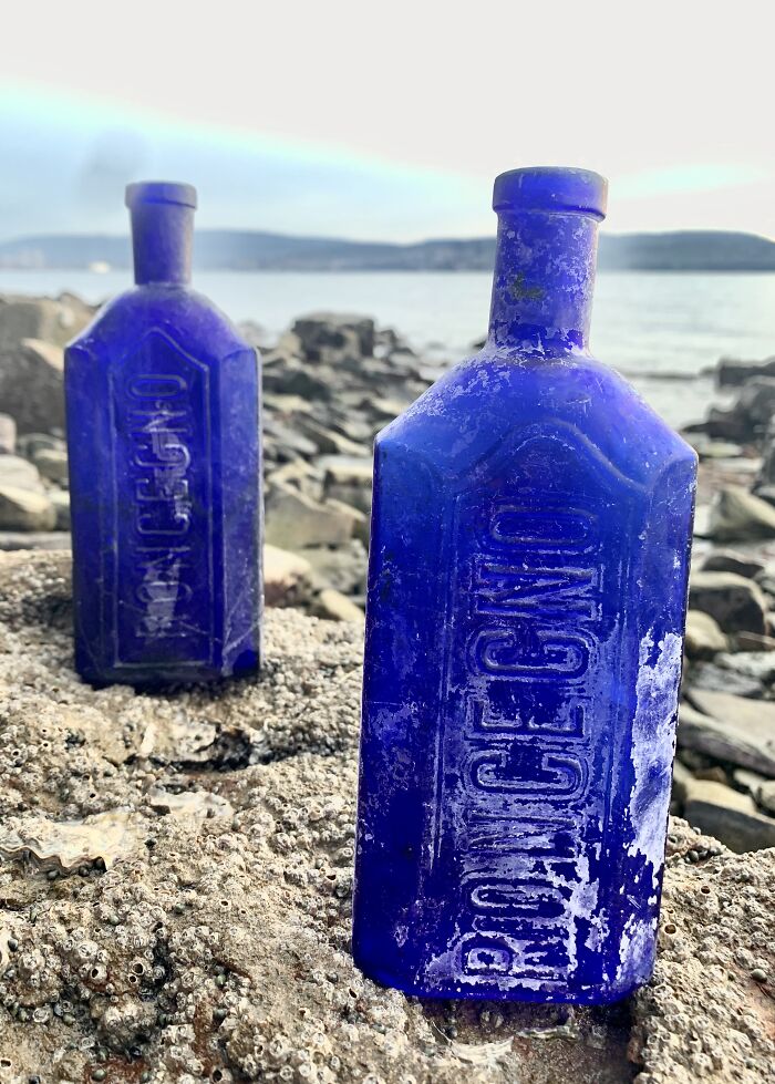 Two antique blue bottles with embossed text found washed up on a rocky beach with ocean and hills in background