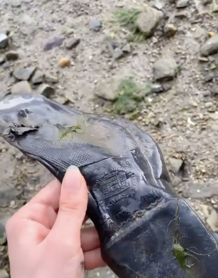 Hand holding an antique rubber glove found on a beach while searching for treasure that washes up on shore.