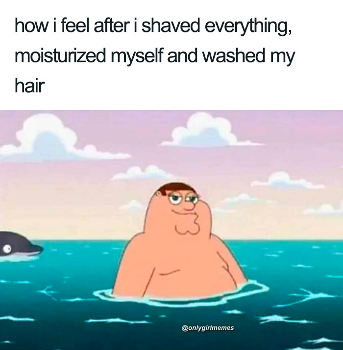 Cartoon character floating in ocean, humorously representing funny girl and woman memes.