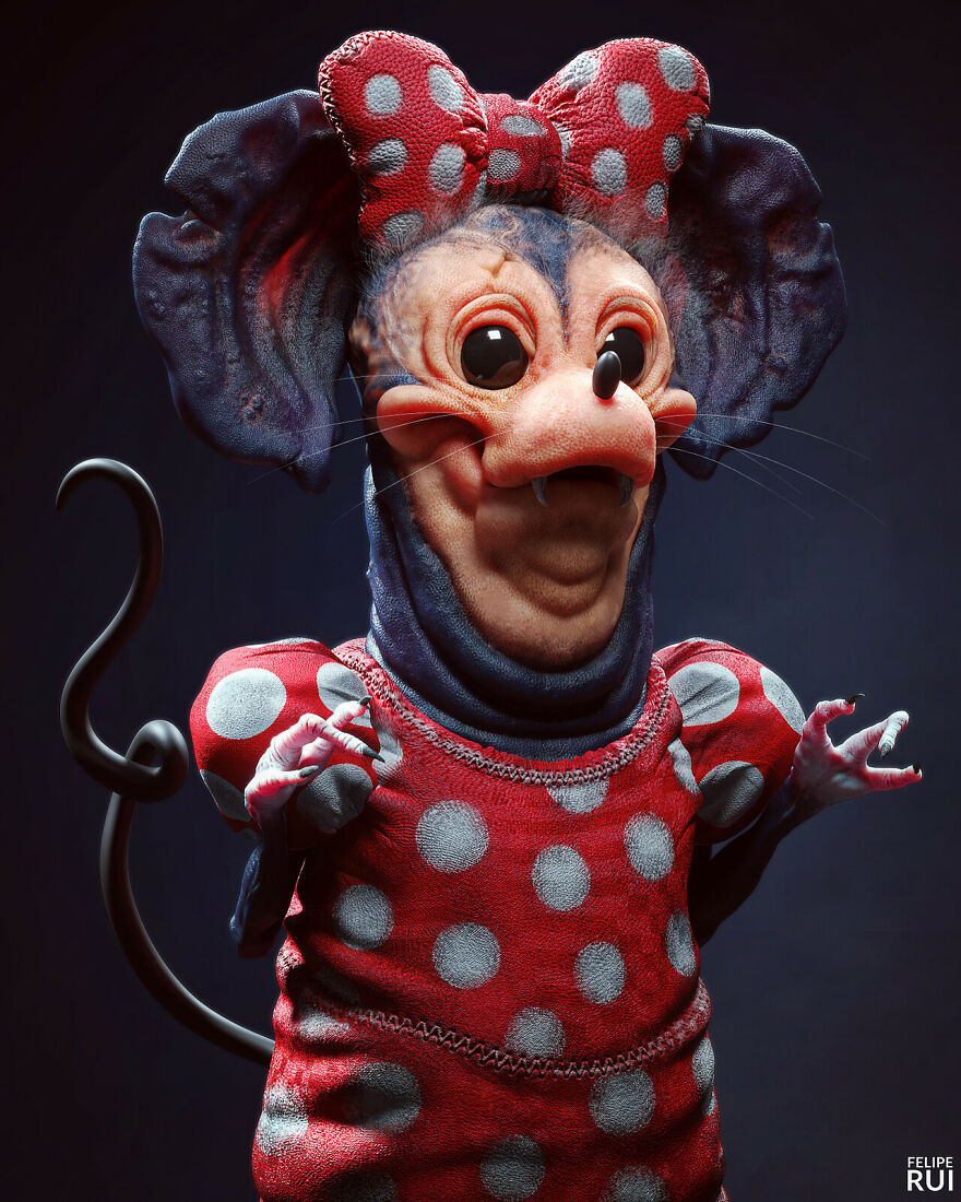 Digital artist creates terrifying version of a popular cartoon character in a creepy red polka dot dress and large ears.