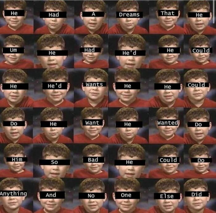 Child with black bars over eyes showing fragmented text, illustrating a confusing and hilarious train of thought from an online group.