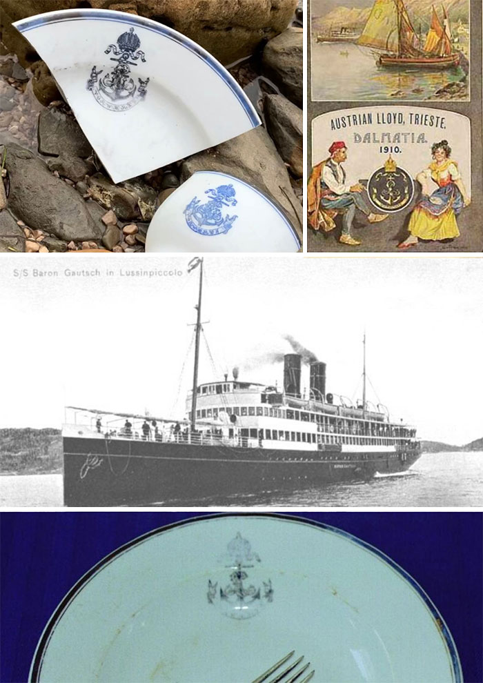 Antique shipwreck porcelain pieces and historical illustrations found while searching for treasure washed up on the beach