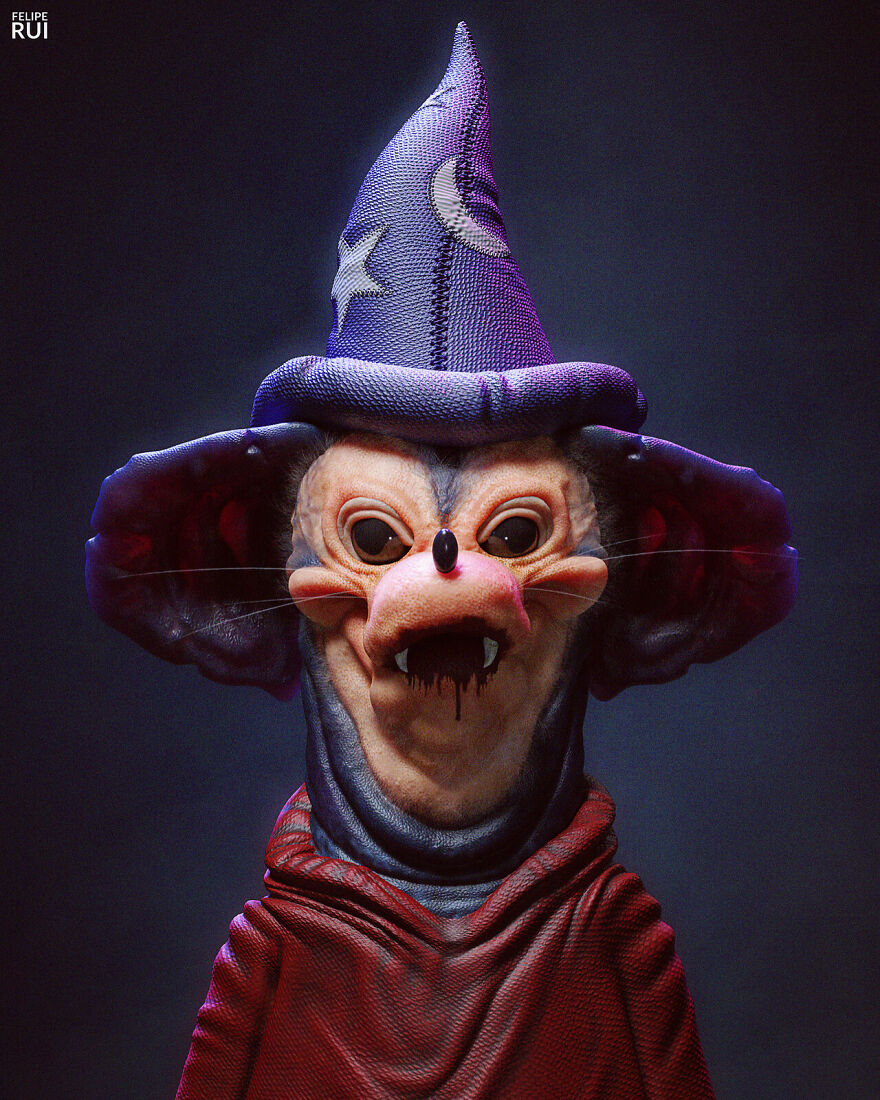 Digital artist's terrifying version of a popular sorcerer character with dark eyes, sharp fangs, and a twisted wizard hat.