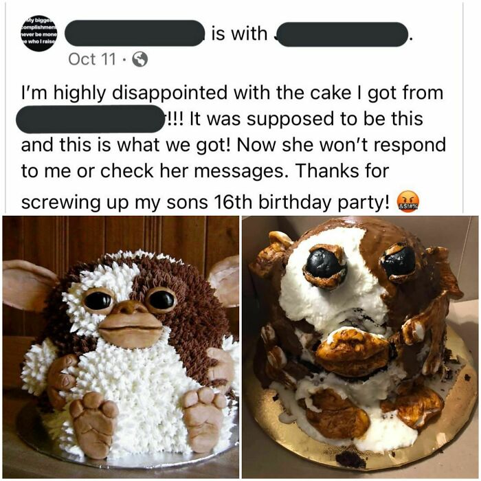 Two cakes: a cute creature cake and a funny cake fail with a similar theme.