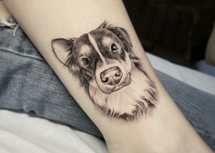 Realistic dog tattoo design on forearm, showcasing intricate first tattoo ideas.