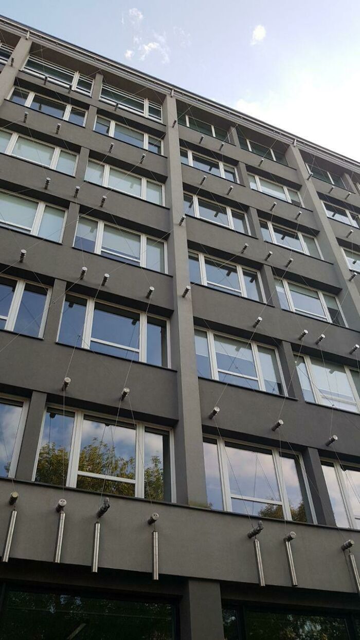 What Is This Weird Net Of Cables And Weights On The Building?