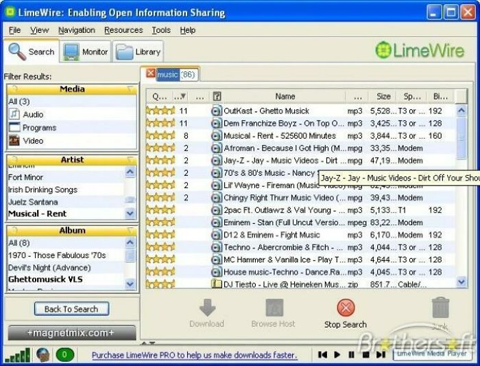 LimeWire interface from the 2000s displaying music downloads and search results.
