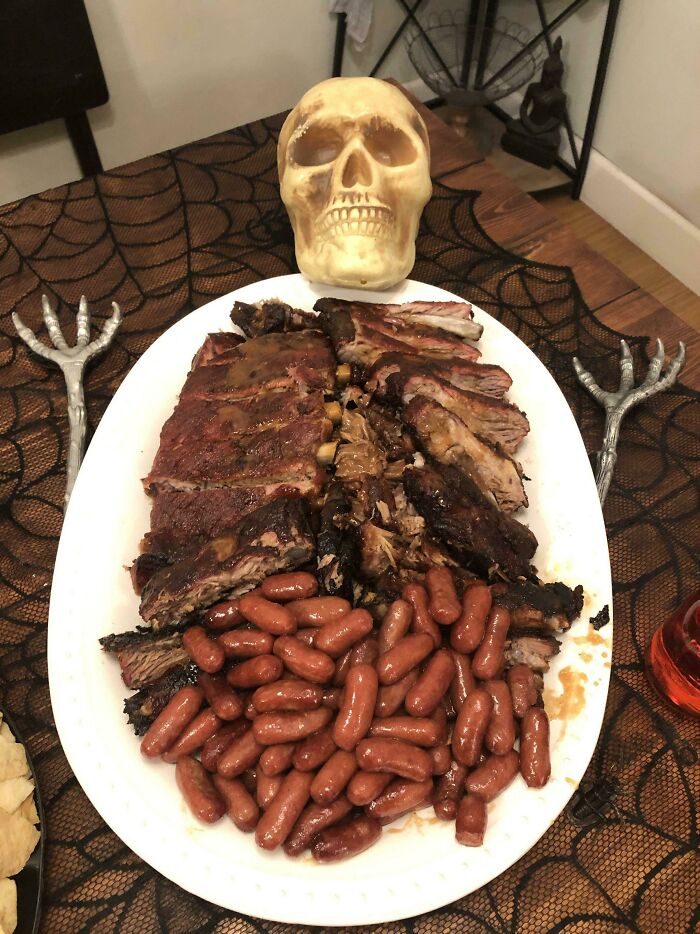 Halloween Smoked Ribs, Pulled Pork, And Smokies