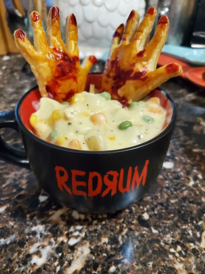 Doing "Spooky" Dinners Each Night. Tonight's Meal: Chicken Pot Pie With Crawling Hands