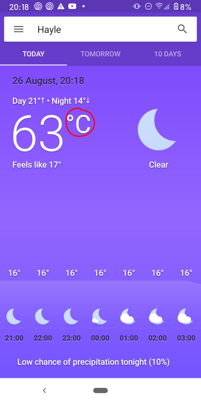 So I Kinda Glitched The Weather App And Now It's Showing The Temperature In F But The C Won't Change