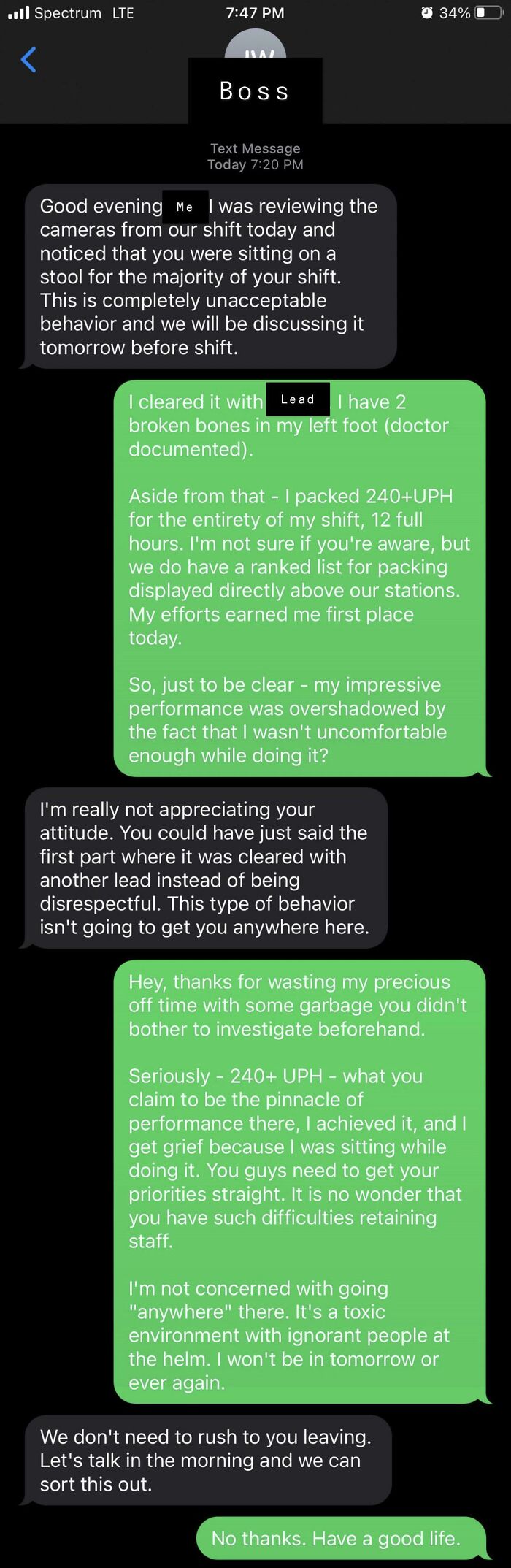 Text message exchange exposing toxic boss behavior with employee defending performance despite injury, showcasing bosses from hell conflict.