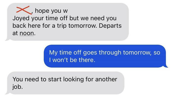 Text message exchange showing a boss demanding work during time off, exposing toxic boss behavior.