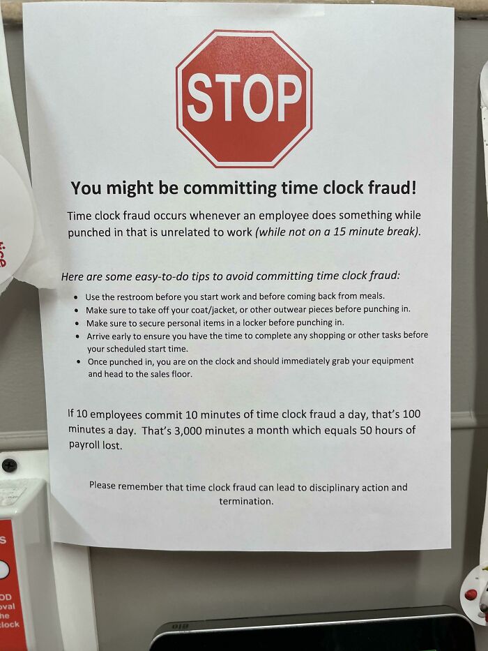Sign warning employees about time clock fraud with tips to avoid it, highlighting consequences from bosses from hell.