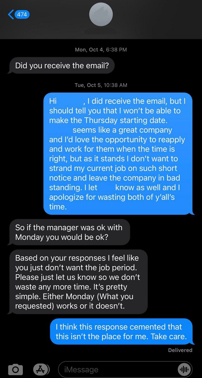 Text message exchange showing a boss pressuring a candidate about start dates, exposing bosses from hell.