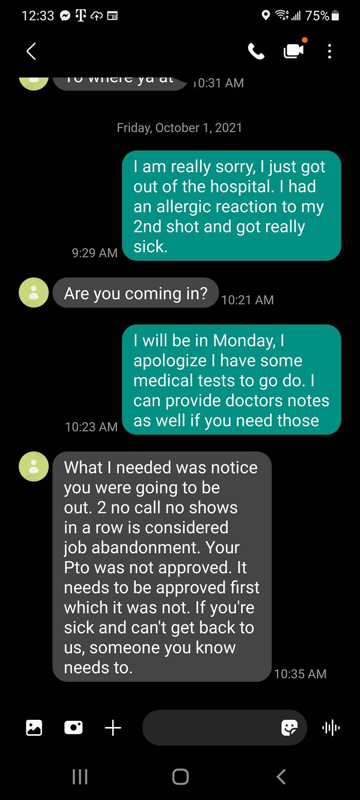 Screenshot of text messages exposing toxic boss ignoring medical issues and denying approved time off requests.