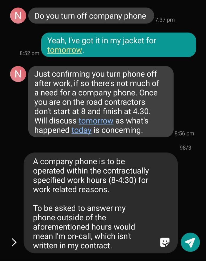 Text message exchange exposing unreasonable boss demands about company phone use outside contract hours in workplace exposure.