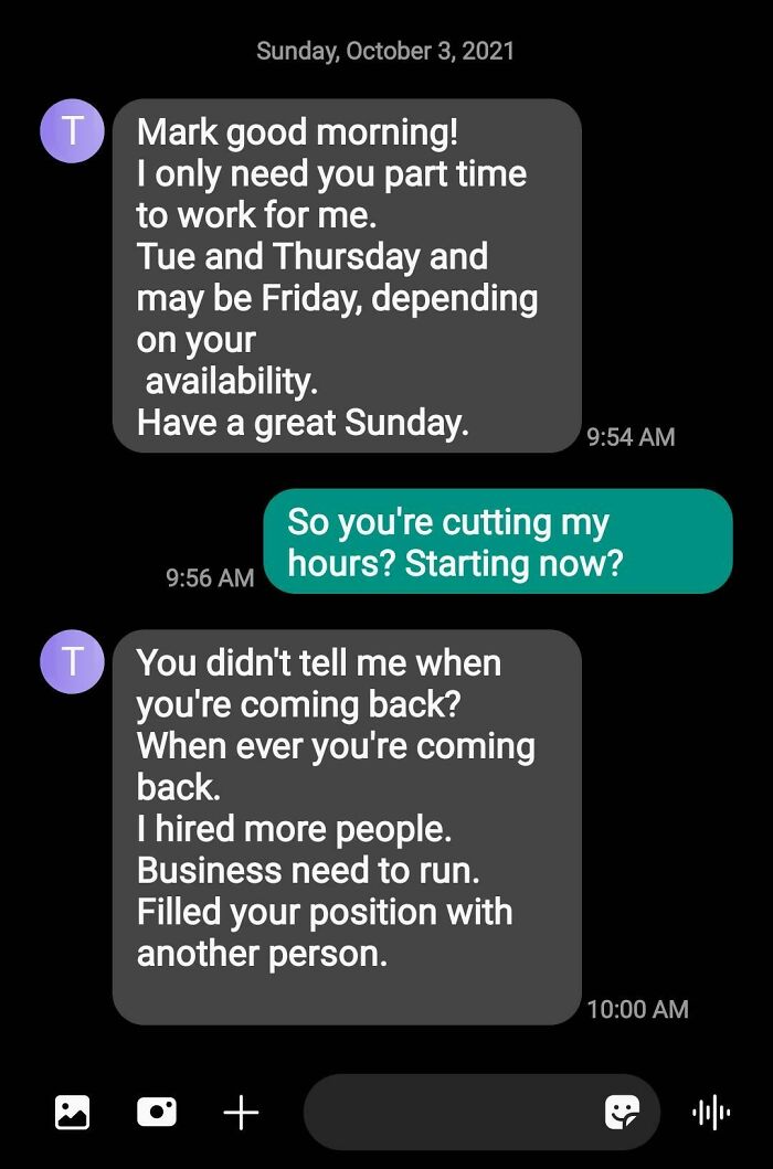 Text message exchange showing a boss cutting an employee's hours and replacing their position, exposing toxic boss behavior.
