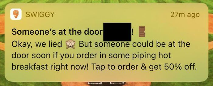 Food Delivery Service That Tells You “Someone Is At The Door! Okay We Lied”