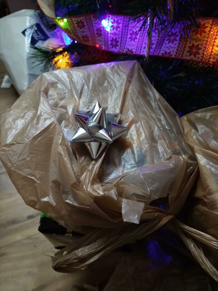 Roommate's Too Lazy To Wrap Gifts. Kroger Bags And Bow