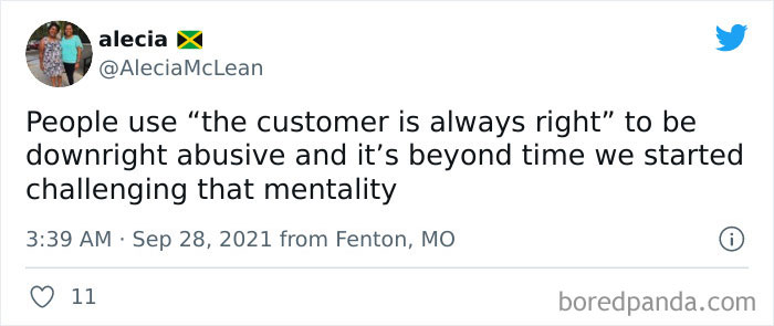 Tweet from Alecia sharing outdated social customs about the toxic mentality behind "the customer is always right."
