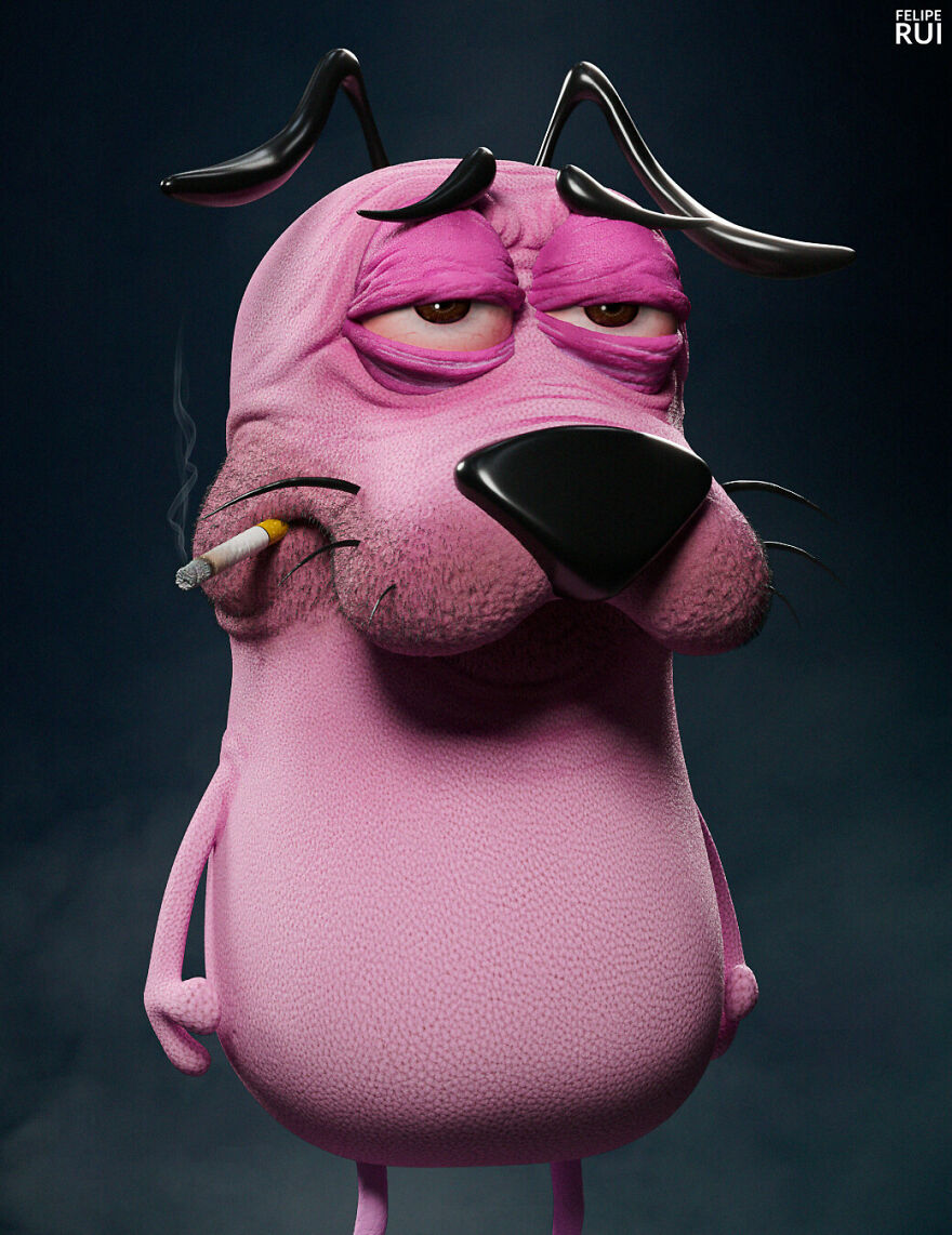 Digital artist’s terrifying version of a popular cartoon dog character smoking, with exaggerated tired eyes and textured pink skin.
