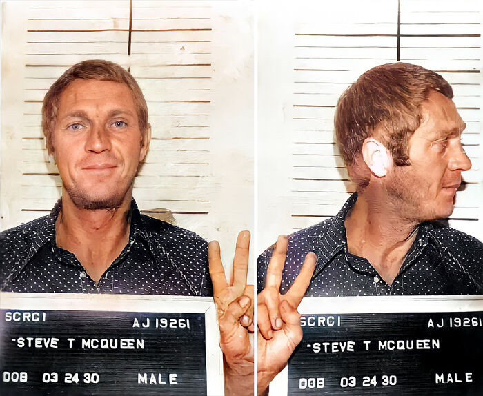 Restored vintage mugshot of Steve McQueen showing front and side views with peace sign, part of famous people mugshots collection.