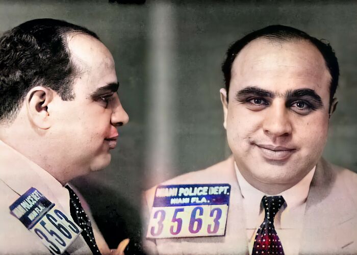 Restored vintage mugshot of a famous person from Miami Police Department, showing front and profile views.