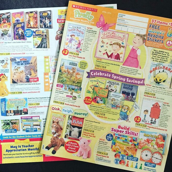 Scholastic book club flyers featuring children's books and toys from the 2000s, highlighting popular nostalgic items.