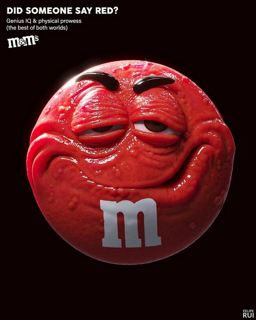 Terrifying digital art of a red M&M character with exaggerated, creepy facial features on a dark background.