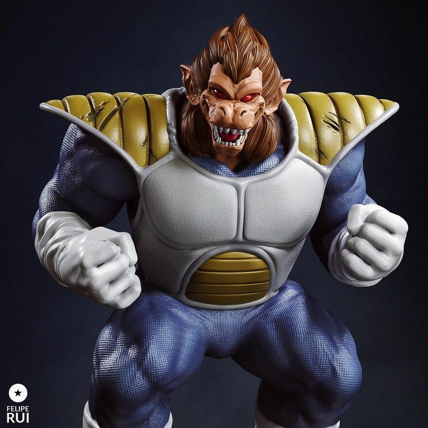 Digital artist's terrifying version of a popular character with a monstrous ape face and battle armor in dark background.